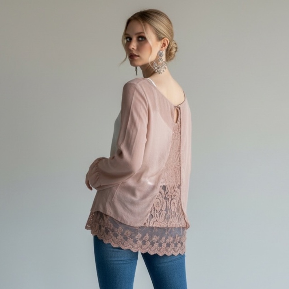 Ciao Bella Dusty Rose Silk Blend Lace Overlay Blouse Long Sleeve Sheer Romantic